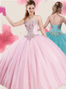 Beading 15 Quinceanera Dress Baby Pink Lace Up Sleeveless Floor Length