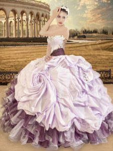 Organza and Taffeta Sweetheart Sleeveless Lace Up Beading and Ruffles Quince Ball Gowns in Lavender