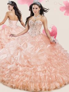 Peach Ball Gowns Beading and Ruffled Layers and Pick Ups 15 Quinceanera Dress Lace Up Organza Sleeveless Floor Length