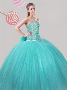 Sweetheart Sleeveless Tulle Ball Gown Prom Dress Beading and Hand Made Flower Lace Up