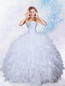 Fashion White Sleeveless Organza Lace Up Quinceanera Dress for Military Ball and Sweet 16 and Quinceanera
