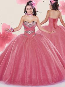 Sleeveless Tulle Lace Up Sweet 16 Quinceanera Dress in Watermelon Red with Beading and Sequins