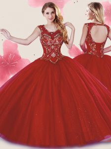 Top Selling Scoop Sleeveless Tulle Floor Length Backless Quinceanera Dresses in Red with Beading