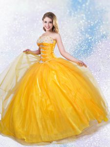 Clearance Ball Gowns Ball Gown Prom Dress Yellow Sweetheart Tulle Sleeveless Floor Length Lace Up