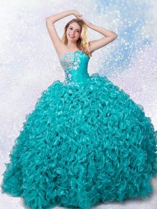 Elegant Blue Sleeveless Floor Length Beading Lace Up Sweet 16 Dresses