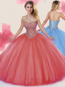 Tulle Sweetheart Sleeveless Lace Up Beading Quinceanera Dress in Coral Red
