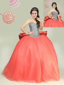 Orange Red Lace Up Ball Gown Prom Dress Beading and Bowknot Sleeveless Floor Length