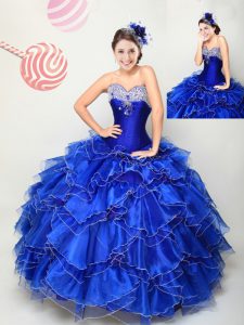 Organza Sweetheart Sleeveless Lace Up Beading and Ruffles Quinceanera Dresses in Royal Blue