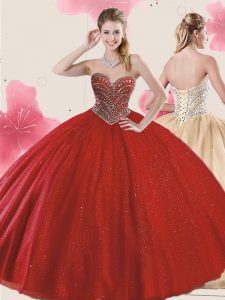 Fitting Sequins Red Sleeveless Tulle Lace Up Quinceanera Dresses for Military Ball and Sweet 16 and Quinceanera