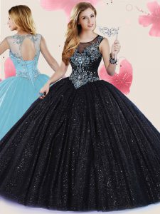 Black Scoop Lace Up Beading and Appliques and Sequins Sweet 16 Dress Cap Sleeves