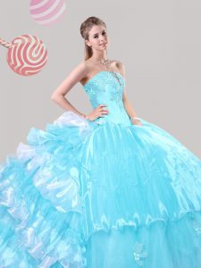 Pretty Blue And White Ball Gowns Beading and Ruffles Quinceanera Gowns Lace Up Organza Sleeveless Floor Length