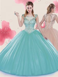 Romantic Tulle Scoop Cap Sleeves Lace Up Beading Sweet 16 Quinceanera Dress in Aqua Blue