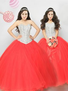 Floor Length Lace Up Quinceanera Gown Coral Red for Military Ball and Sweet 16 and Quinceanera with Beading