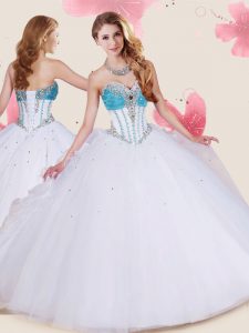 Organza and Tulle Sweetheart Sleeveless Lace Up Beading and Ruffles 15 Quinceanera Dress in White