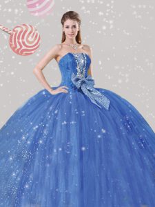 Flare Blue Ball Gowns Strapless Sleeveless Tulle Floor Length Lace Up Beading and Bowknot Sweet 16 Dress