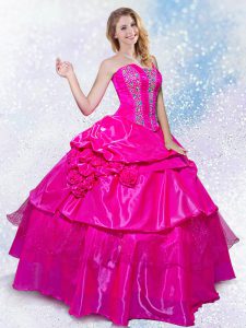 Fuchsia Ball Gowns Strapless Sleeveless Organza Floor Length Lace Up Beading and Hand Made Flower Quinceanera Dresses