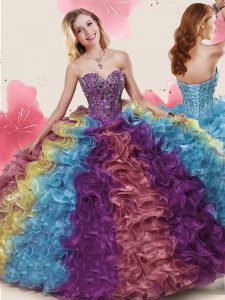 Sleeveless Organza Floor Length Lace Up Ball Gown Prom Dress in Multi-color with Beading and Ruffles