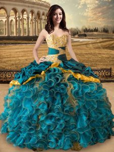 Fantastic Beading and Ruffles 15th Birthday Dress Teal Lace Up Sleeveless Floor Length