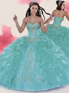 Beauteous Turquoise Lace Up Quince Ball Gowns Beading and Embroidery and Ruffled Layers Sleeveless Floor Length