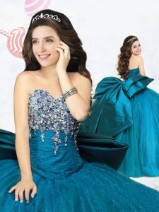 Captivating Teal Lace Up Quinceanera Dresses Beading and Bowknot Sleeveless Floor Length