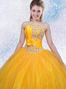 Flirting Yellow Ball Gowns Tulle Strapless Sleeveless Beading Floor Length Lace Up Vestidos de Quinceanera