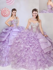 High Class Lavender Lace Up Ball Gown Prom Dress Beading and Ruffles Sleeveless Floor Length