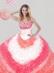 Most Popular Beading and Ruffles 15 Quinceanera Dress Multi-color Lace Up Sleeveless Floor Length