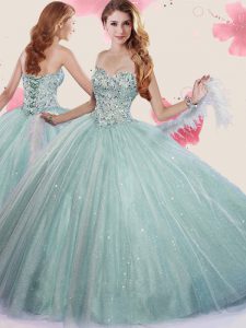 Apple Green Ball Gowns Beading and Sequins 15th Birthday Dress Lace Up Tulle Sleeveless Floor Length