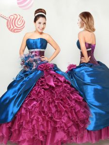 Discount Teal and Fuchsia Strapless Neckline Beading and Ruffles and Hand Made Flower Quinceanera Dresses Sleeveless Lac