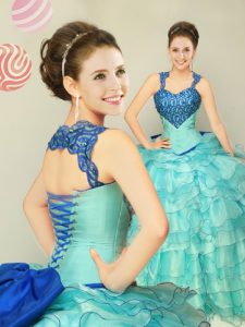 Tulle Straps Sleeveless Lace Up Ruffled Layers and Bowknot Quinceanera Dress in Blue