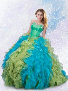 Fashionable Multi-color Lace Up Sweetheart Beading and Ruffles Sweet 16 Dress Satin and Organza Sleeveless