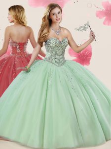 Apple Green Ball Gowns Beading Sweet 16 Dress Lace Up Tulle Sleeveless Floor Length