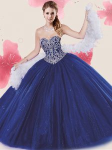 Fine Sequins Sweetheart Sleeveless Lace Up 15th Birthday Dress Royal Blue Tulle