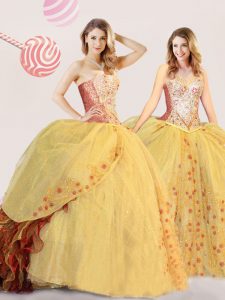 Most Popular Sleeveless Beading and Appliques and Ruffles Lace Up Quinceanera Gowns with Gold Brush Train