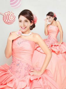 Traditional Peach Lace Up Beading and Appliques and Pick Ups 15th Birthday Dress Sleeveless