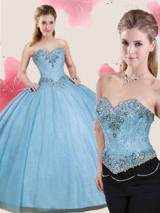 Two Pieces Light Blue Sleeveless Floor Length Beading and Sequins Lace Up Sweet 16 Dresses