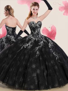 Sleeveless Floor Length Beading and Appliques Lace Up Sweet 16 Quinceanera Dress with Black