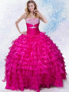 Fuchsia Sweetheart Neckline Beading and Ruffled Layers Quinceanera Dresses Sleeveless Lace Up