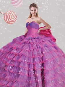 Free and Easy Multi-color Sweetheart Lace Up Beading and Ruffled Layers and Bowknot Ball Gown Prom Dress Sleeveless