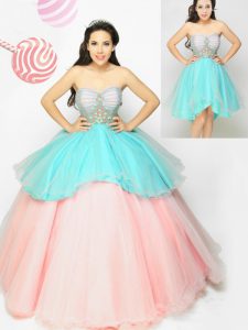 Traditional Floor Length Turquoise and Peach 15 Quinceanera Dress Organza Sleeveless Appliques