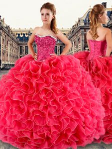 Coral Red Quinceanera Gown Military Ball and Sweet 16 and Quinceanera and For with Ruffles and Sequins Strapless Sleevel