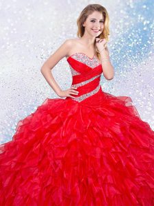 Extravagant Red Sweetheart Neckline Beading and Ruffles Sweet 16 Dresses Sleeveless Lace Up