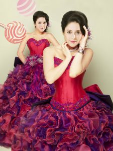 Designer Red and Purple Sleeveless Beading and Appliques and Ruffles Floor Length Quinceanera Dresses