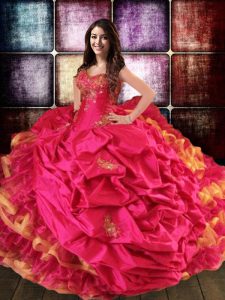 Elegant Hot Pink Sleeveless Appliques and Embroidery and Ruffles and Pick Ups Lace Up Quinceanera Dress