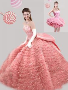 Flirting Peach Ball Gowns Tulle Strapless Sleeveless Beading and Ruffles and Bowknot Floor Length Lace Up Quinceanera Dr