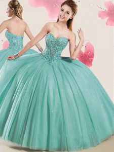 Tulle Sweetheart Sleeveless Lace Up Beading and Sequins Quinceanera Gown in Apple Green