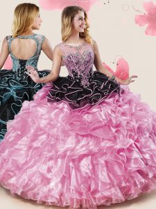 Unique Pink And Black Scoop Lace Up Beading and Ruffles Sweet 16 Dress Sleeveless