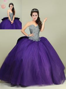 Comfortable Beading and Bowknot Quinceanera Dresses Purple Lace Up Sleeveless Floor Length