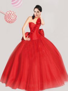 One Shoulder Red Sleeveless Bowknot and Hand Made Flower Floor Length Quince Ball Gowns