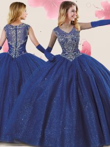 High Quality Sequins Ball Gowns 15 Quinceanera Dress Royal Blue Tulle Cap Sleeves Floor Length Zipper